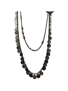 Tripled Toned Dual Strand Necklace Gold Silver Bronze Coin Pendant Statement